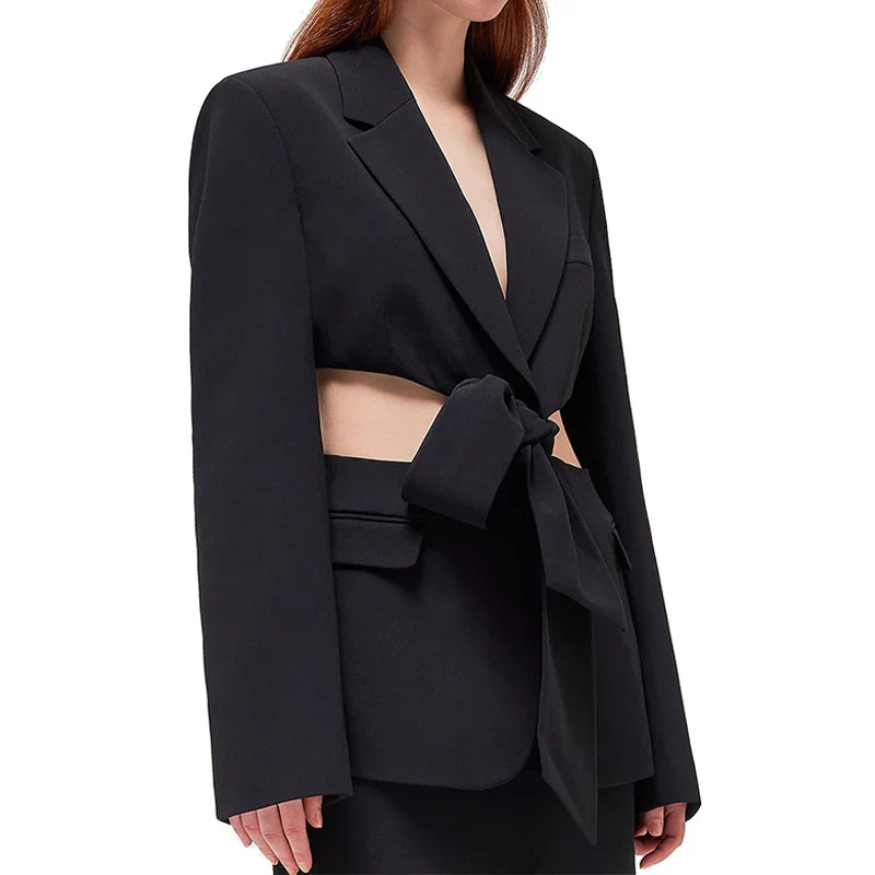 AL 24T149 Long Sleeve Blazers Ladies Women Lace-Up Polyester Women's Winter Coat Open-Waisted Design Blazer De Mujer