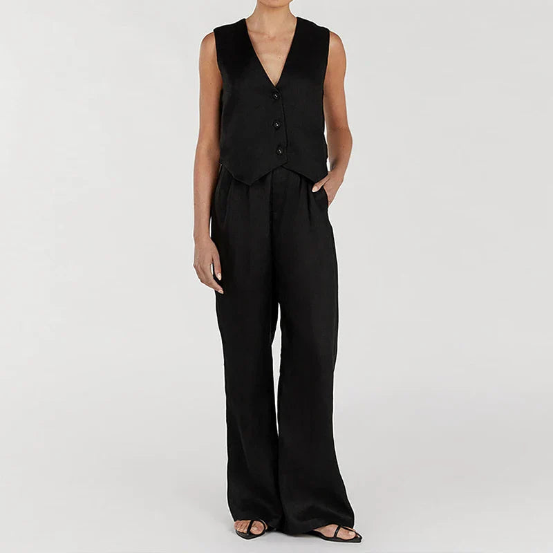 SF AL 24S034 Linen Women's Casual Suit Sleeveless Women's Casual Sets Solid Color Vest High Waist Pants Ladies Two Piece Set