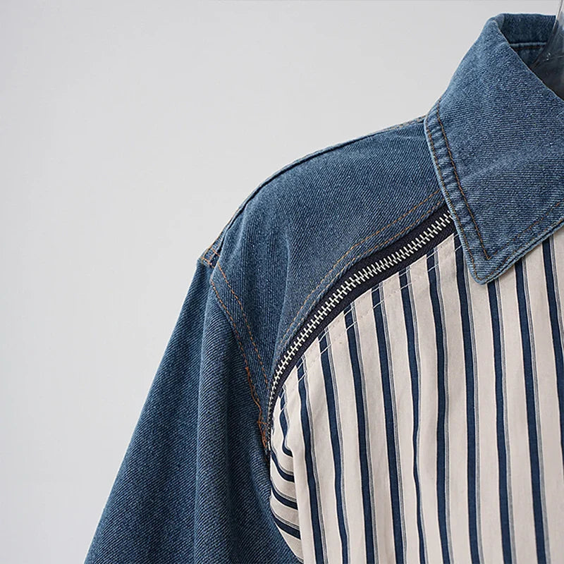 SF AL 24T319 Clashing Denim Zipper Loose Striped Shirt Patchwork Polyester Slim Fit Shirts for Women Ladies Blouse