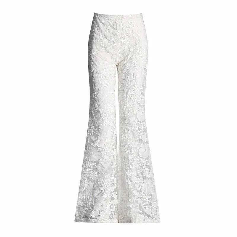 SF AL 24S031 Polyester Women 2 Pieces Sets Long Sleeve Shirt High Waist Lace Pants Two Piece Set Floral White Women's Suits