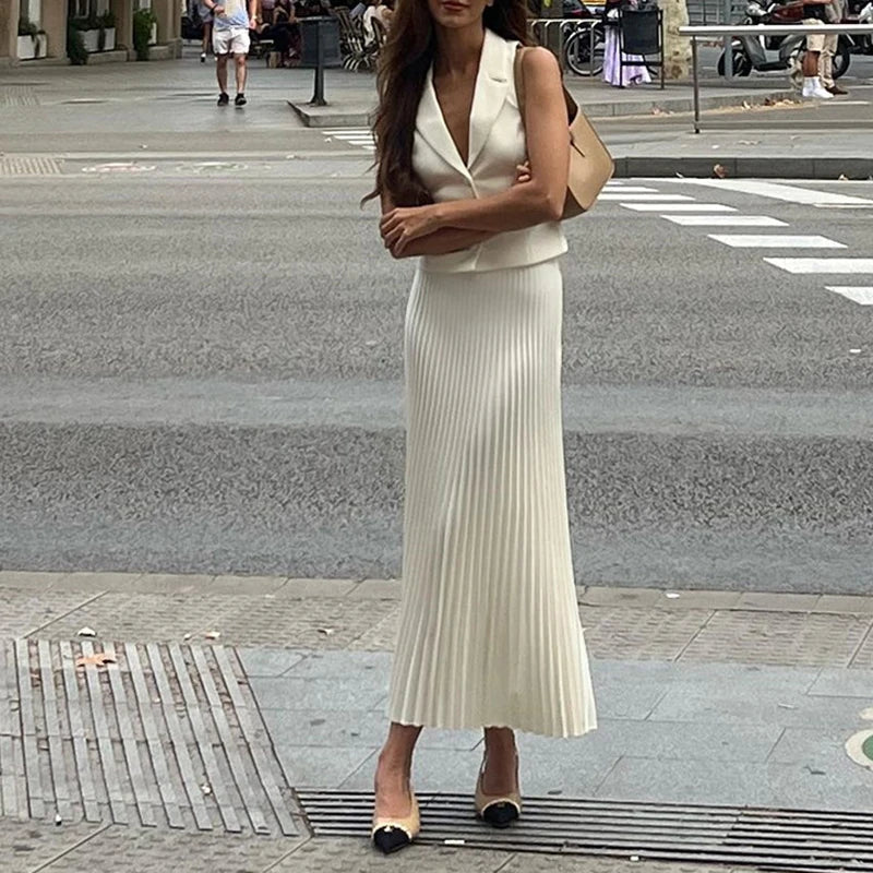 SF AL 24S046 Polyester Women 2 Pieces Set Lapel Suit Vest Top Mid-Length Sleeveless Pleated Skirt Set