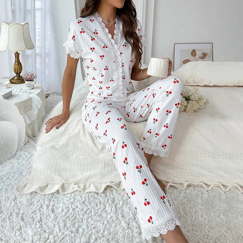 Sfy-y1442 Cherry Print Pajamas Women Set Contrast Lace V-neck Loose Short Sleeve and Long Pants Pajamas Comfy Home Wear