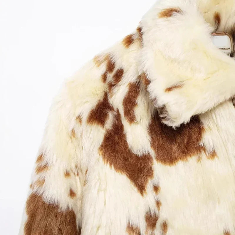 SF AL 24T308 Long Sleeves Women Faux Fur Coat Color Blocking Lapel Fur Leopard Print Polyester Women's Faux Fur Coats