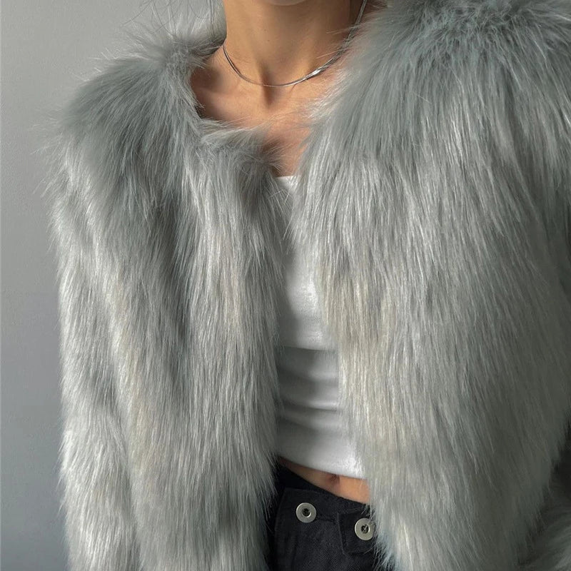 SF AL 24T328 Long Sleeves Short Slim Faux Fur Coat Crew Neck Pure Color Polyester Women's Faux Fur Coats