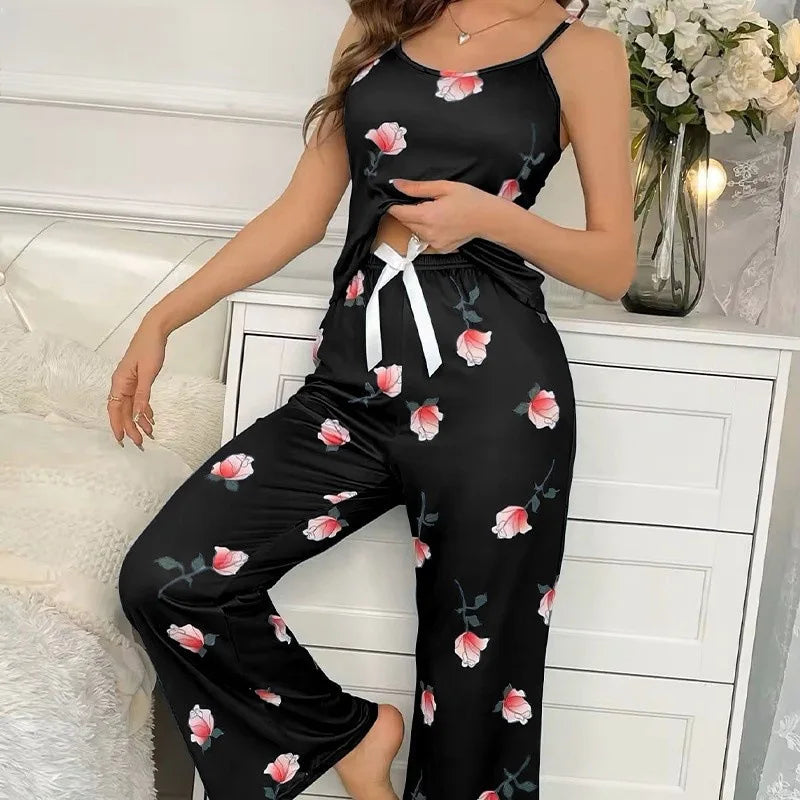 Sfy-y1470 Floral Print Women's Sleepwear Two-piece Sexy Casual Camisole and Pants Long Pants Pajamas Casual Loungewear Set