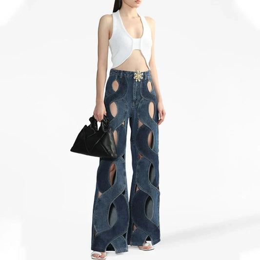 SF AL 24B038 Twisted Wide Leg Pants Women High Waist Women Jeans Pants High Street Cotton Colour Clash Women's Pants Trousers