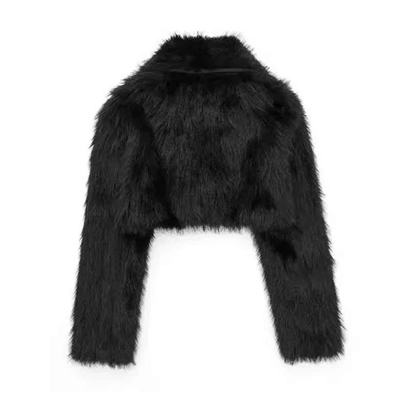 SF AL 24T326 Black Faux Fur Short Jacket Long Sleeves Women's Jacket With Fur Polyester Women Faux Fur Coat