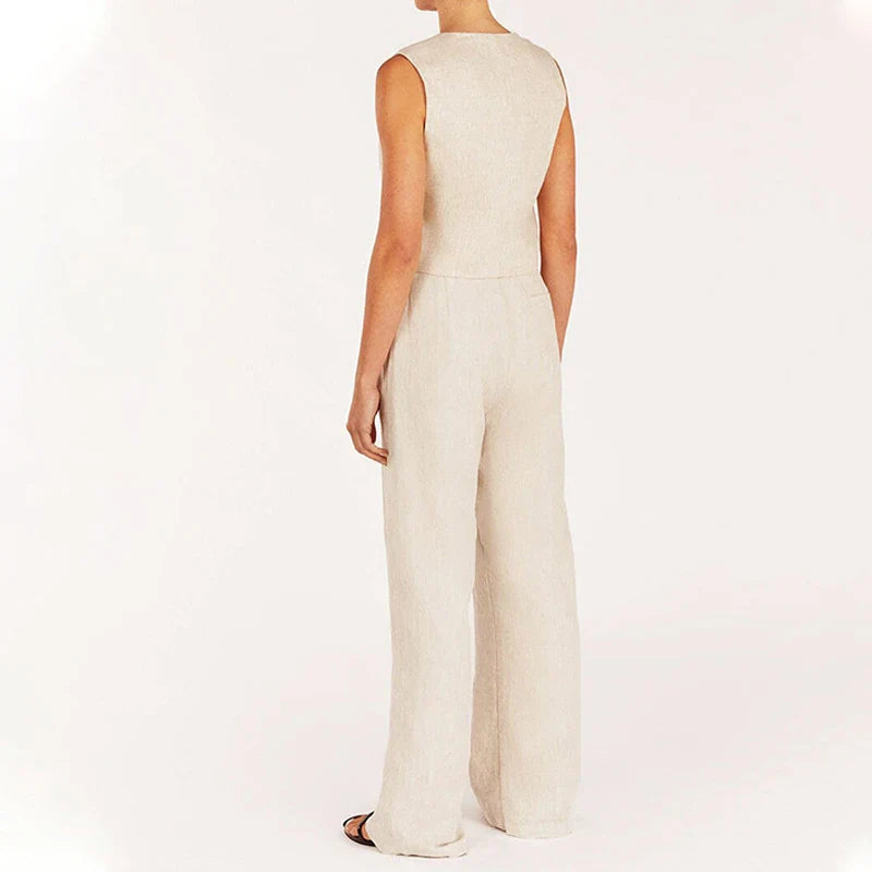 SF AL 24S034 Linen Women's Casual Suit Sleeveless Women's Casual Sets Solid Color Vest High Waist Pants Ladies Two Piece Set