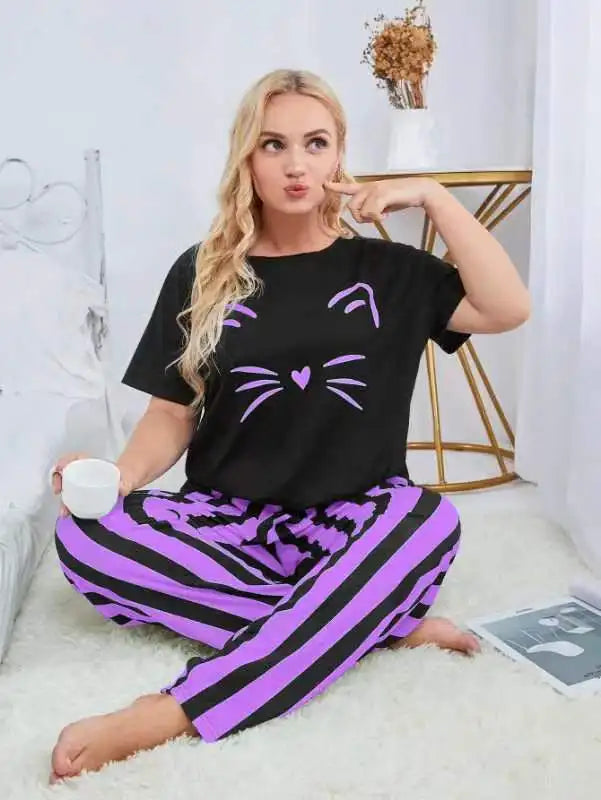 Russian Women's Loungewear Set Plus Size Cat Print Pajama Fat Size T-shirt and Striped Long Pants Sleepwear Comfy Homewear