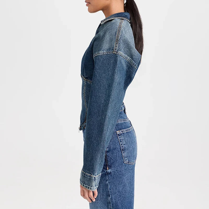 Lapel Two-Way Zip Closure Cotton Breathable Denim Jacket Denim Jacket With Zippers Decoration Washed Women Casual Denim Jacket