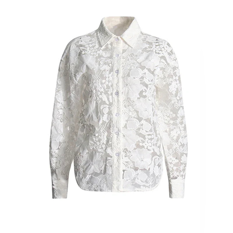 SF AL 24S031 Polyester Women 2 Pieces Sets Long Sleeve Shirt High Waist Lace Pants Two Piece Set Floral White Women's Suits