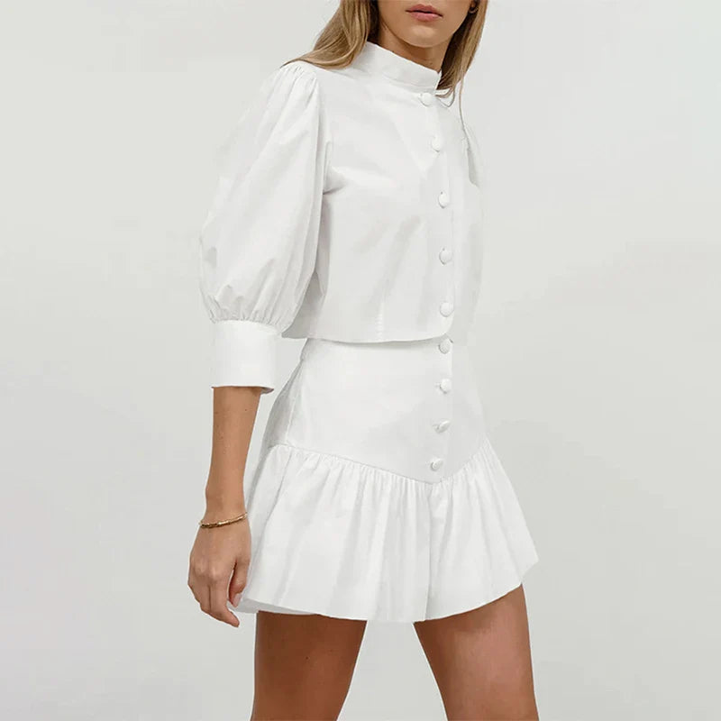 SF AL 24S038 Soild Color Women Skirt Set White Lantern Sleeve Shirt Short Skirt Two Piece Set Cotton Women's Casual Sets