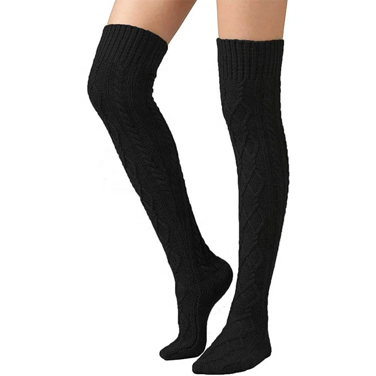 Can Custom logo Women OEM Knit Thigh Knee High Socks Boot Compression Extra Long Winter Cable Stockings