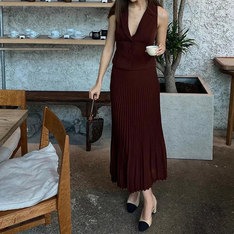SF AL 24S046 Polyester Women 2 Pieces Set Lapel Suit Vest Top Mid-Length Sleeveless Pleated Skirt Set