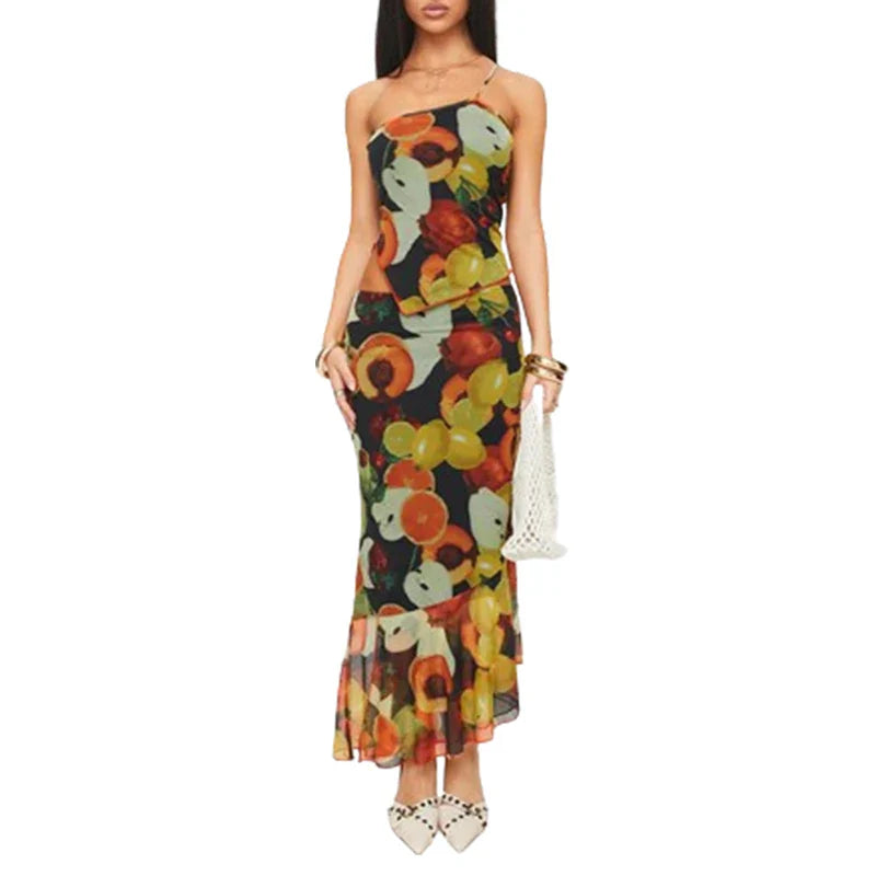 Women Sexy Mesh Asymmetrical Tops Split Hem Backless Hollow Out Top Personalized Retro Vest Print Halter Straps Vest