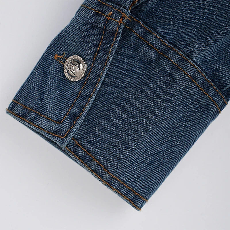 SF AL 24T319 Clashing Denim Zipper Loose Striped Shirt Patchwork Polyester Slim Fit Shirts for Women Ladies Blouse