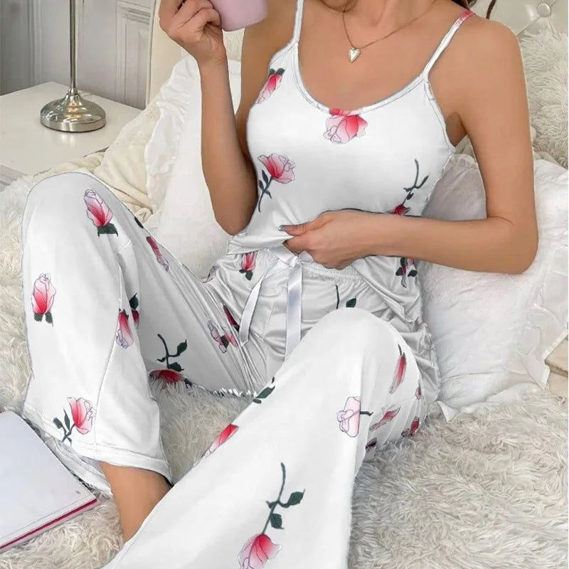 Sfy-y1470 Floral Print Women's Sleepwear Two-piece Sexy Casual Camisole and Pants Long Pants Pajamas Casual Loungewear Set