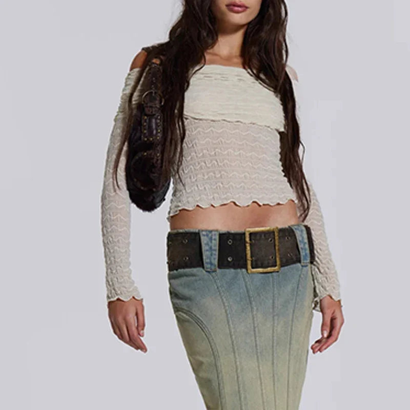 China Manufacturer Fashionable Off the Shoulder Women Tops Long Flared Sleeves Ruched Women Tops and Blouses