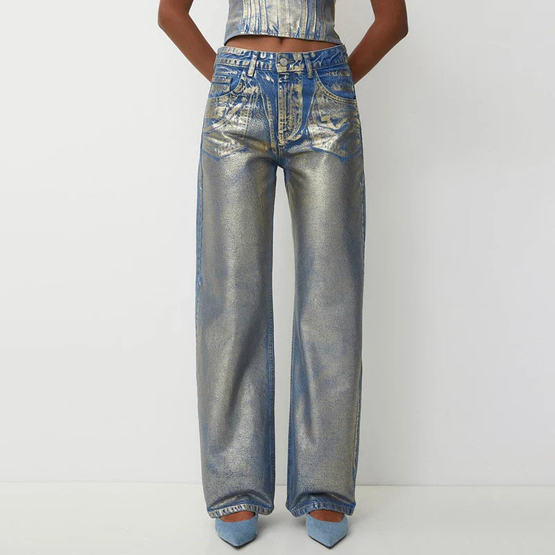 SF AL 24B054 Personalized Loose Wide-Leg Denim Pants Stamped High-Waisted Cotton Casual Jeans Women's Jeans Pants