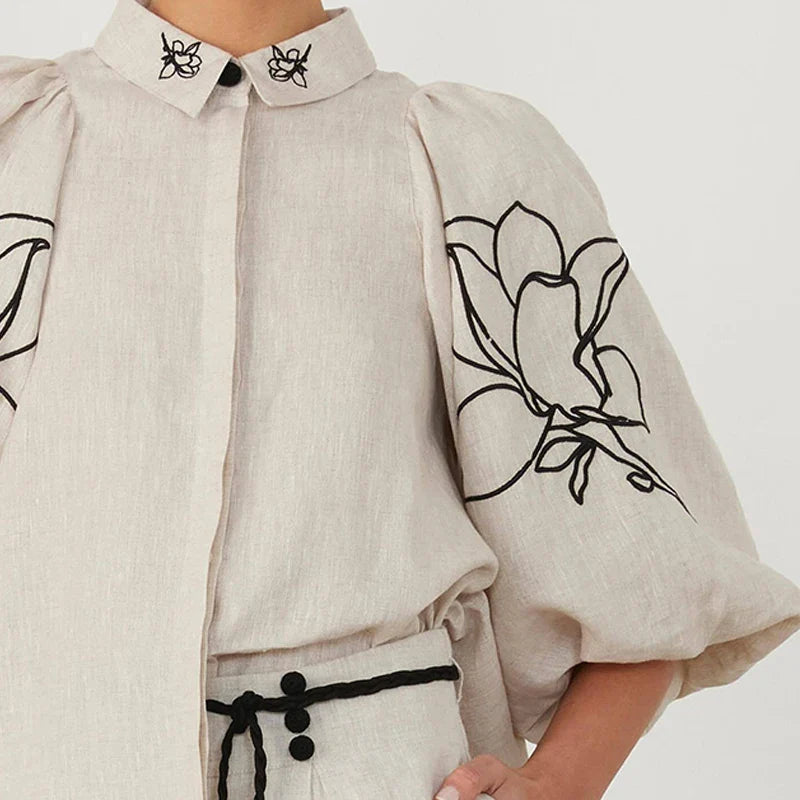 SF AL 24S033 Puff Sleeves Elegant Woman Sets Plant Flower Pattern Cotton Linen Embroidered Wide-Leg Pants Women 2 Piece Sets