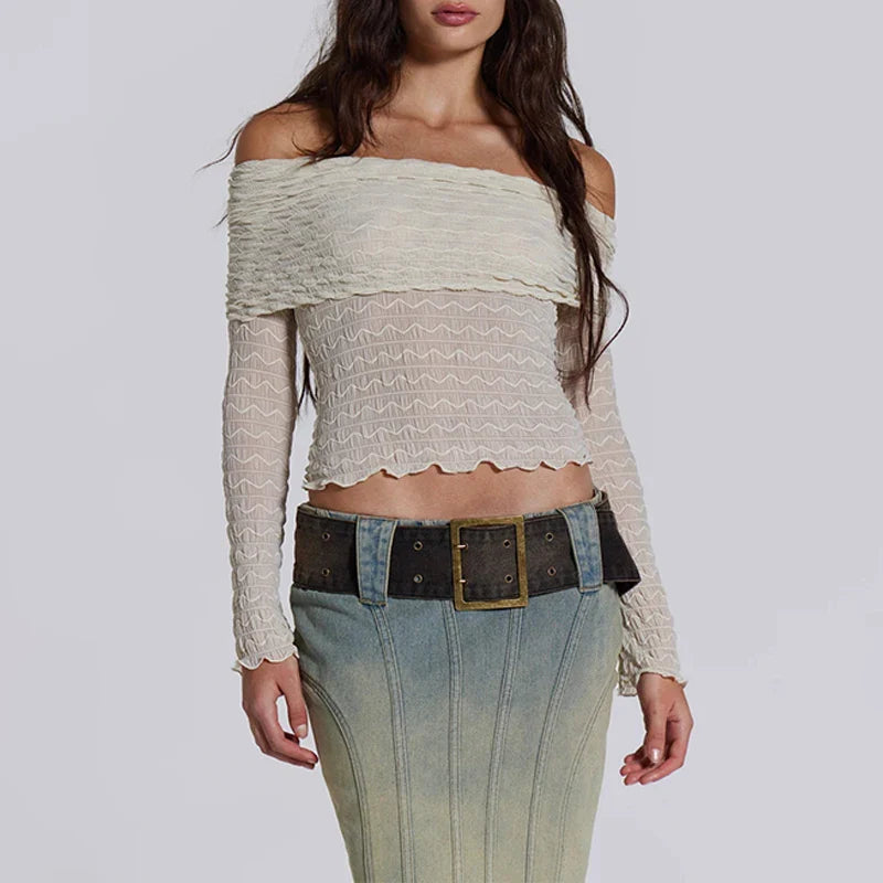 China Manufacturer Fashionable Off the Shoulder Women Tops Long Flared Sleeves Ruched Women Tops and Blouses