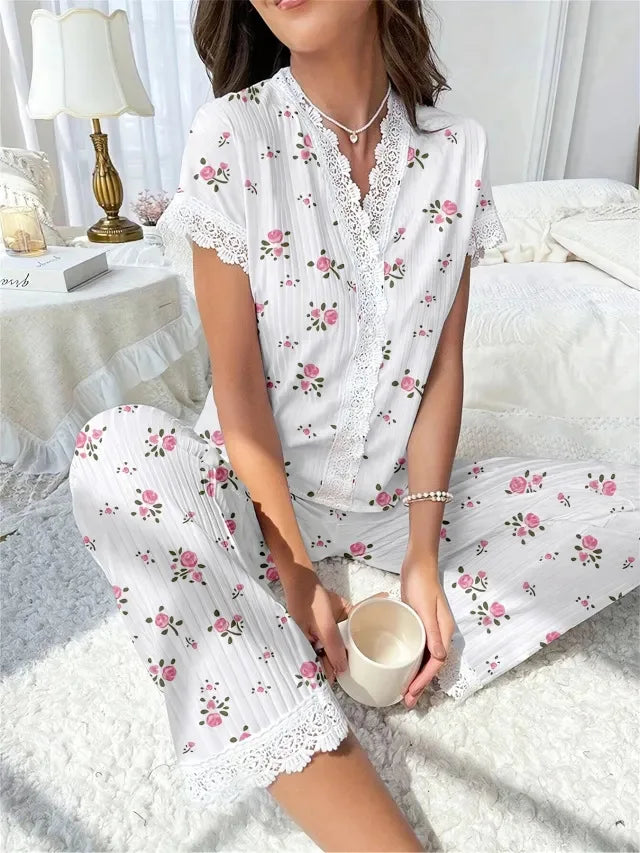 Sfy-y1442 Cherry Print Pajamas Women Set Contrast Lace V-neck Loose Short Sleeve and Long Pants Pajamas Comfy Home Wear