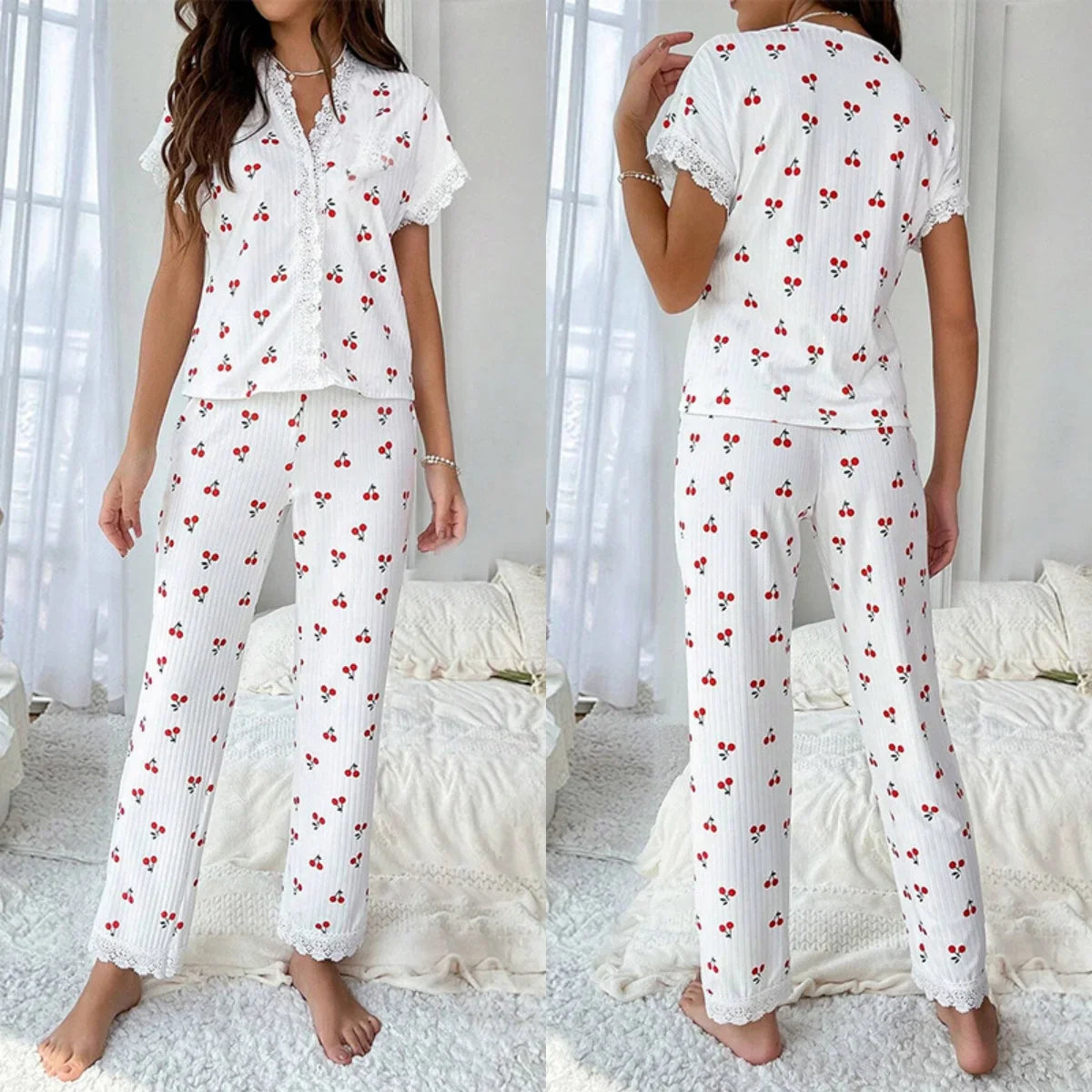 Sfy-y1442 Cherry Print Pajamas Women Set Contrast Lace V-neck Loose Short Sleeve and Long Pants Pajamas Comfy Home Wear