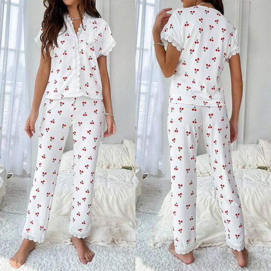 Sfy-y1442 Cherry Print Pajamas Women Set Contrast Lace V-neck Loose Short Sleeve and Long Pants Pajamas Comfy Home Wear