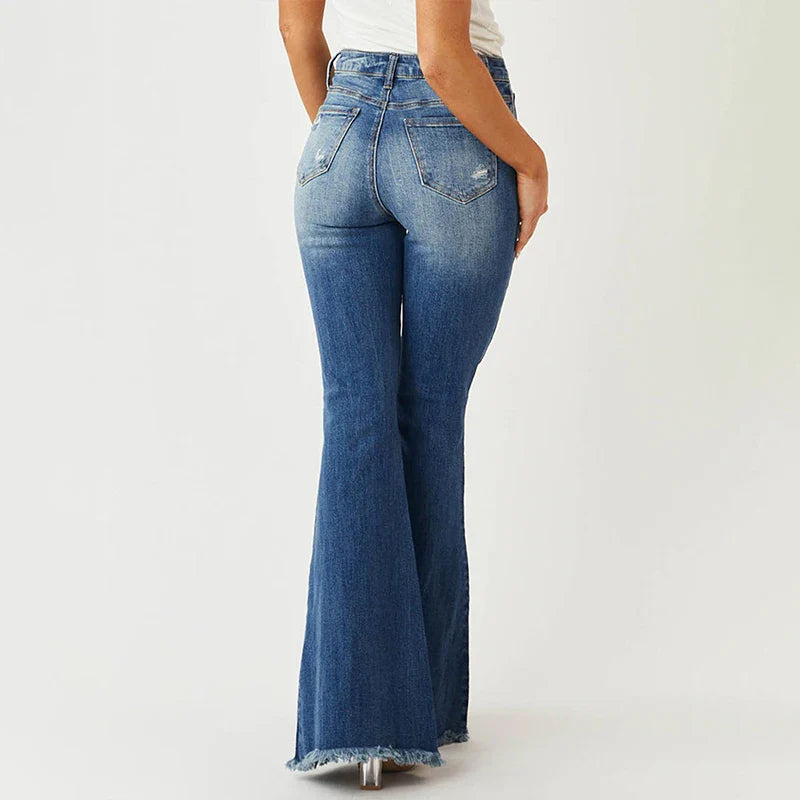 SF AL 24B051 Blue Denim Pants for Women Cotton Mid Waist Slim Stretch Women's Flared Pants Washed Destroy Women Jeans Pants